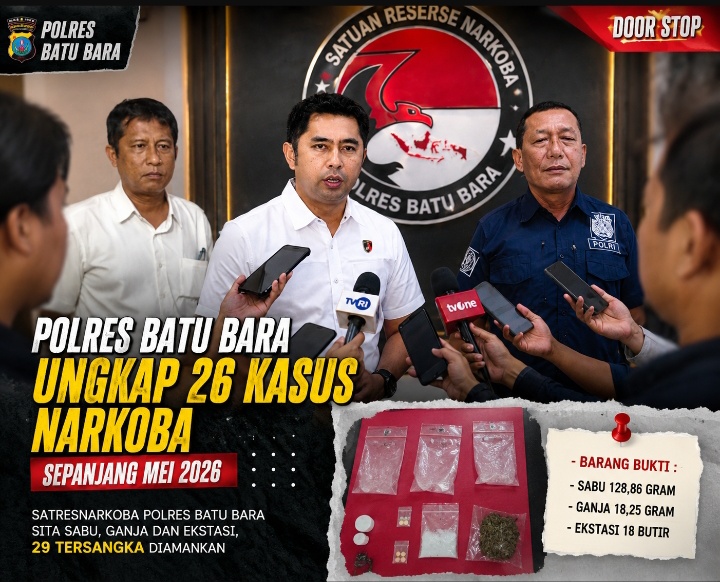 Sat Narkoba Polres Batu Bara :”Ungkap 26 Kasus Narkoba Selama Mei 2026, 29 Tersangka, Sabu 128,86 gr, Ganja 18,25 gr dan 18 Butir Pil Ekstasi Berhasil Diamankan”
